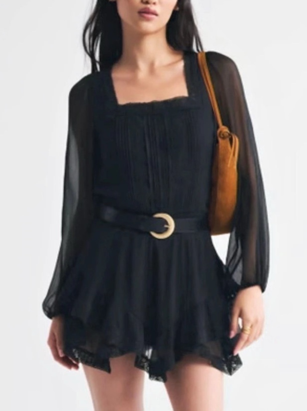 Abercrombie & Fitch Long Sleeve Lace-Trim Romper Black Mini Dress